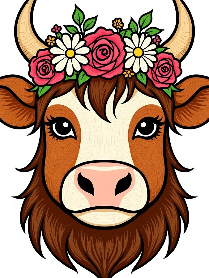 Whimsical Highland Cow Floral Wreath Rug