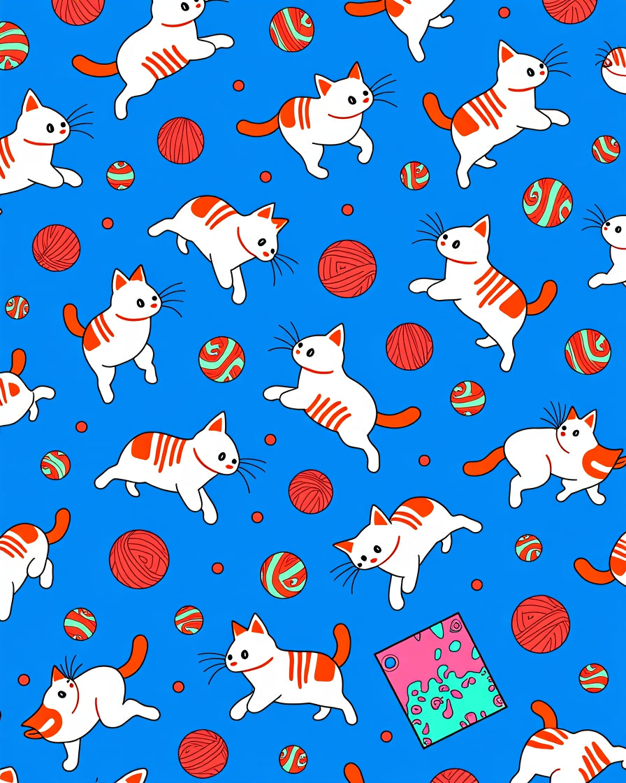 Cute White Cats Playful Orange Balls Rug