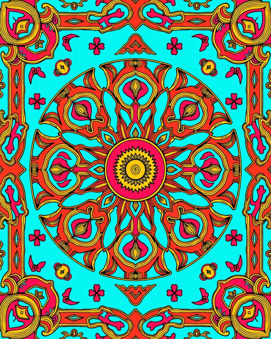 Vibrant Coral Sunburst Kaleidoscope Rug