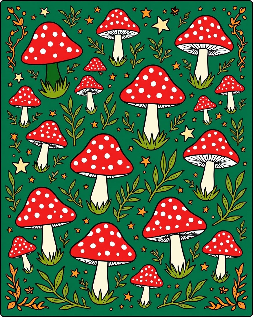 Whimsical Red Mushroom Forest Stars Rug