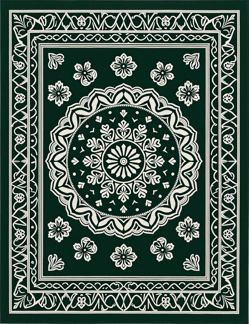 Deep Green Medallion Floral Border Rug