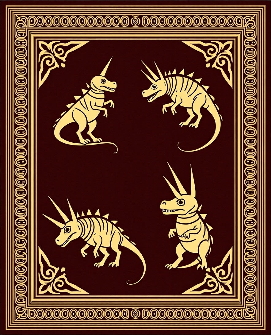 Golden Unicorn Dinosaurs Burgundy Border Rug