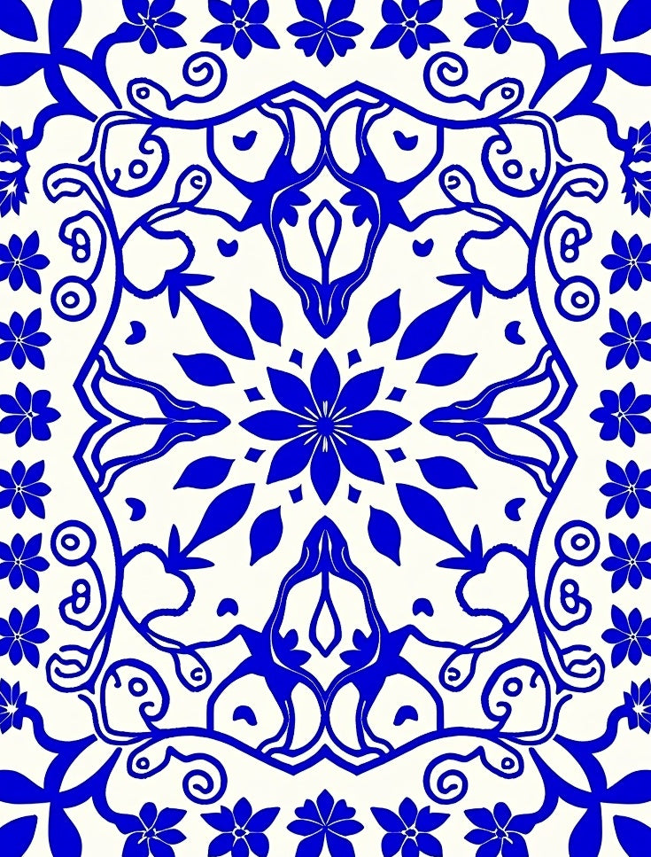 Vibrant Blue Floral Mandala Scrollwork Rug