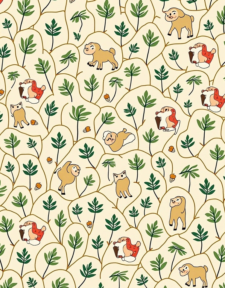Whimsical Puppies Green Foliage Acorn Scene Rug
