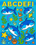 Cute Blue Sharks and Starfish Scene Rug