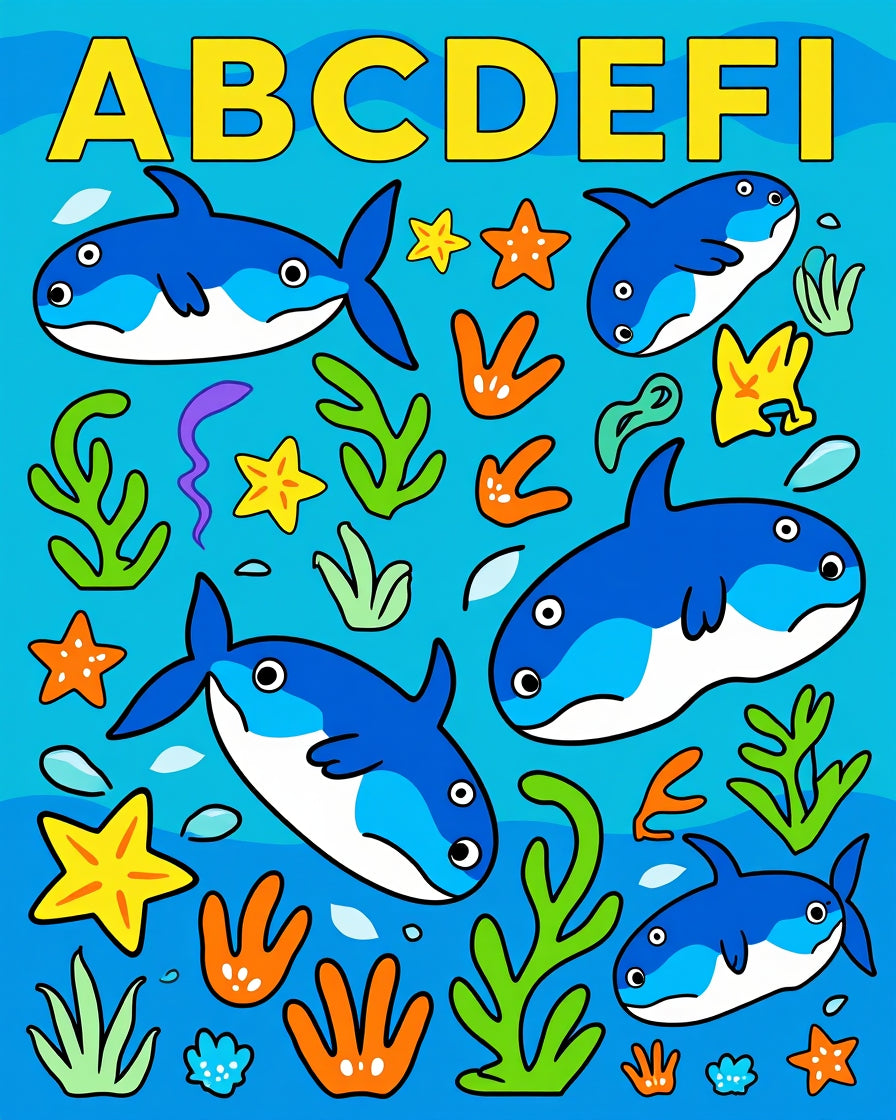 Cute Blue Sharks and Starfish Scene Rug