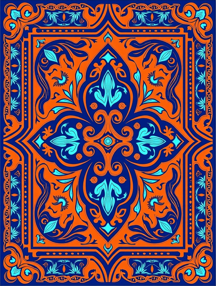 Bold Orange Blue Floral Medallion Rug