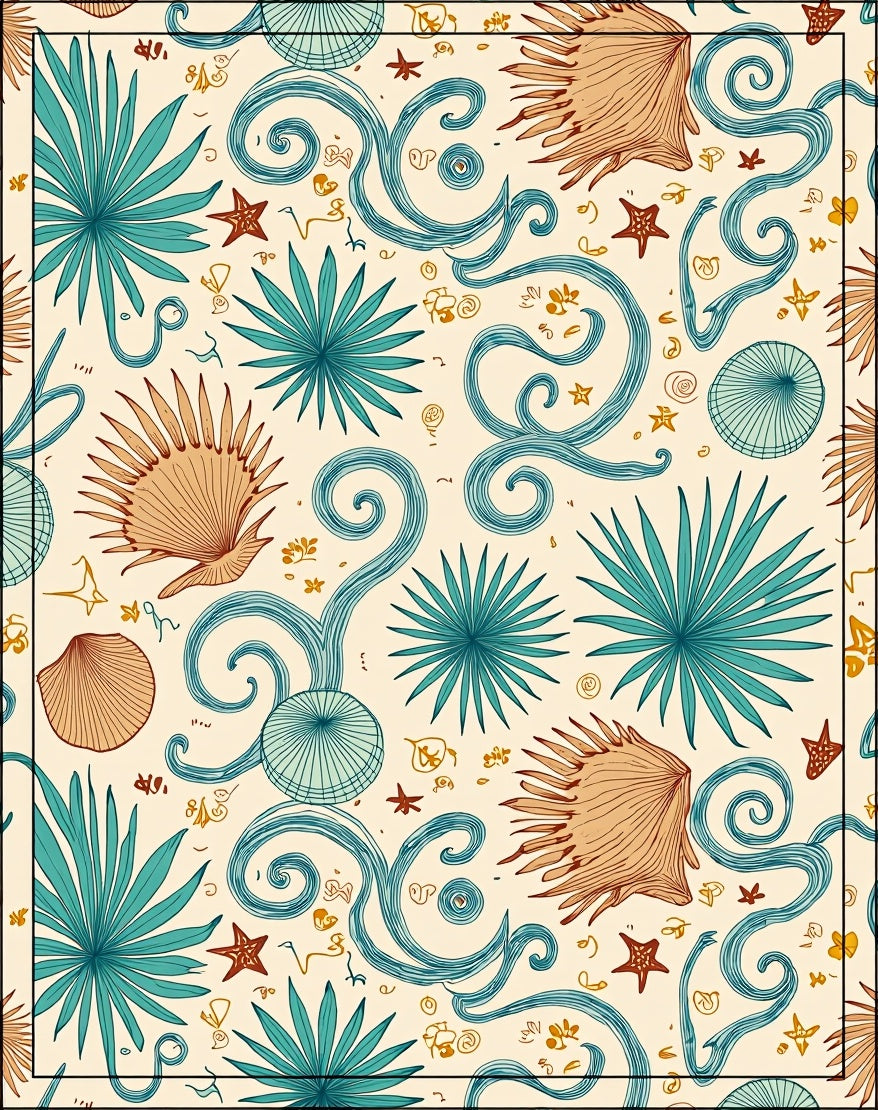 Teal Blue Coral Starfish Shells Rug