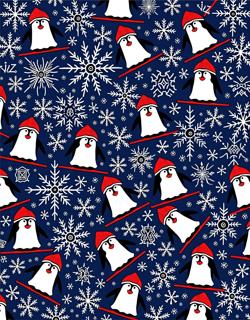 Playful Skiing Penguins Snowflake Navy Rug
