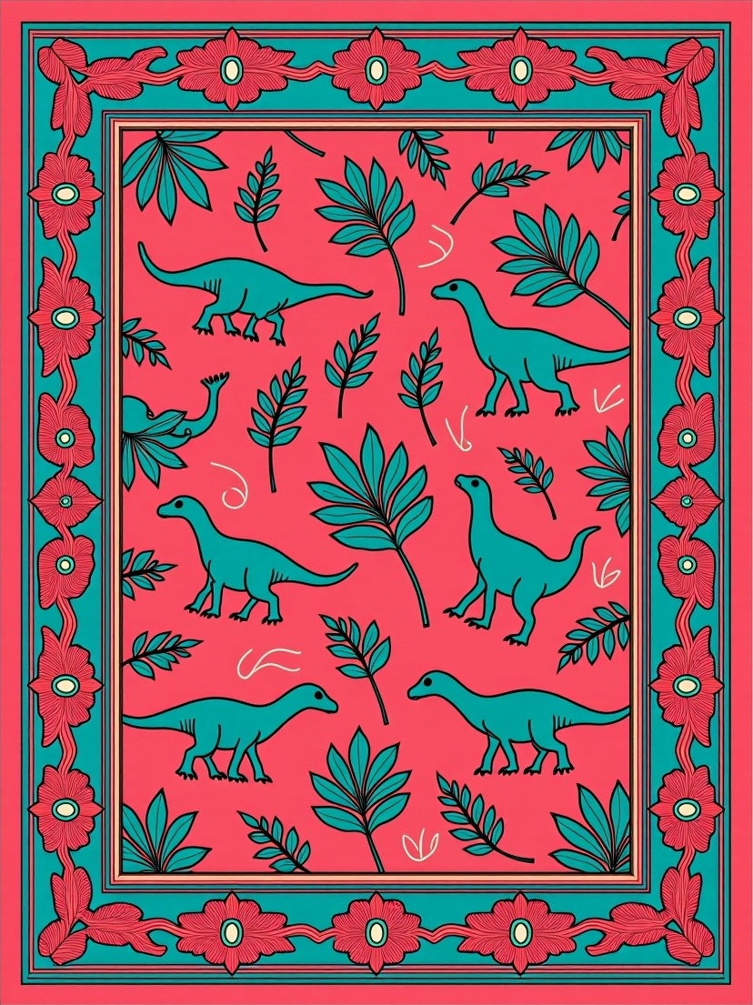 Coral Teal Dinosaur Floral Border Rug