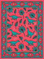 Coral Teal Dinosaur Floral Border Rug