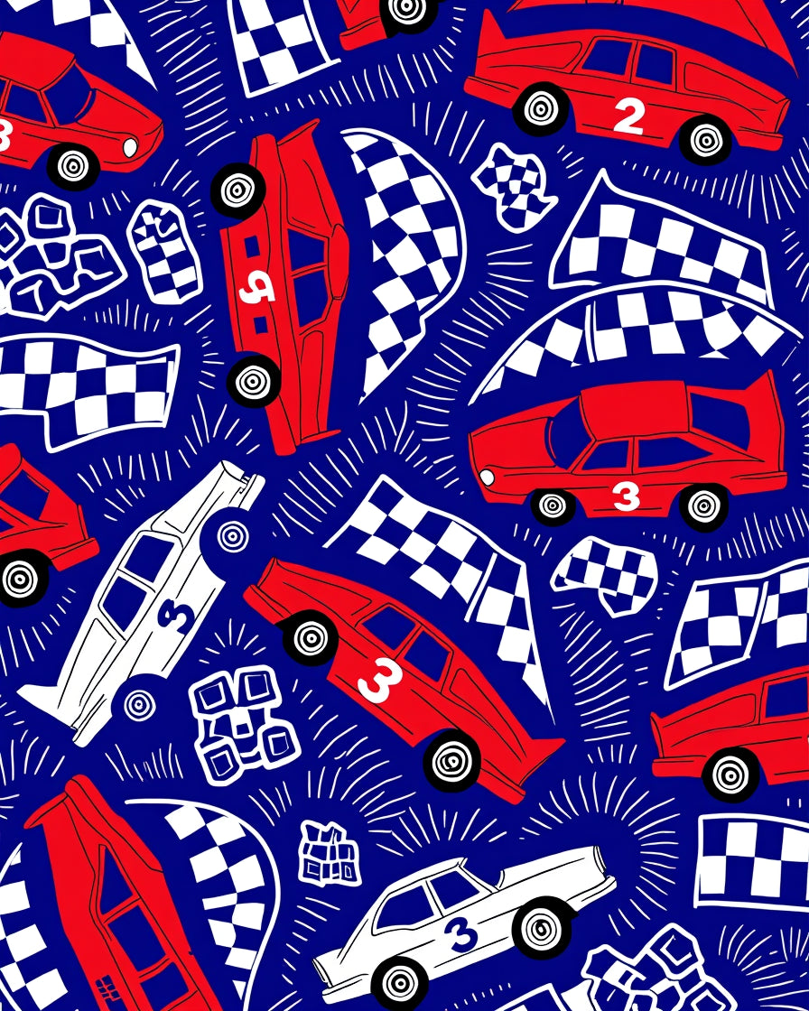 Red White Racing Cars Checkerboard Flags Rug