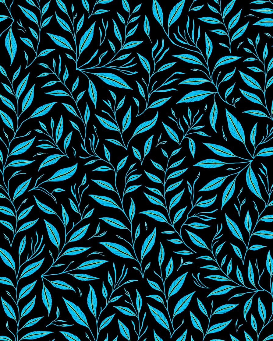 Bright Teal Foliage on Black Background Rug