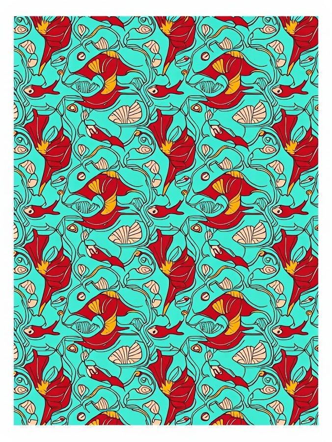 Art Nouveau Red Floral Teal Swirling Fish Rug