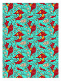 Art Nouveau Red Floral Teal Swirling Fish Rug