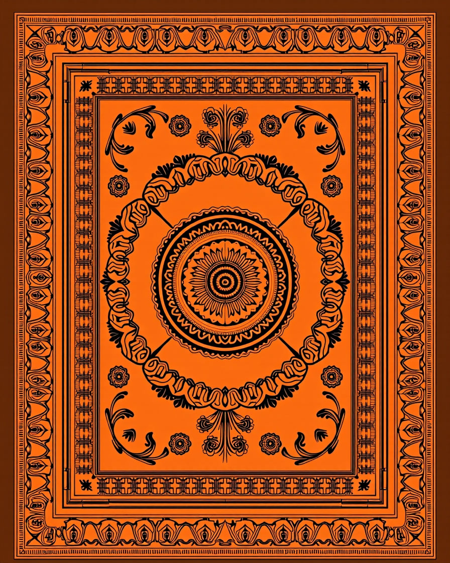 Bold Orange Black Mandala Border Rug
