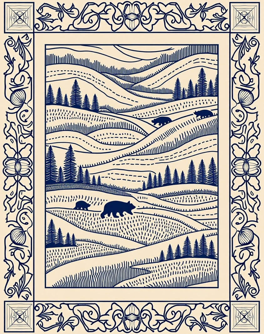 Navy Blue Bear Woodland Landscape Border Rug
