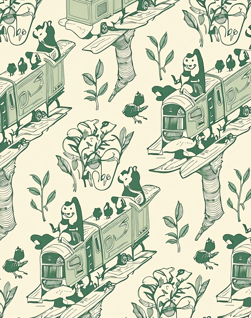 Whimsical Green Train Animals Foliage Rug