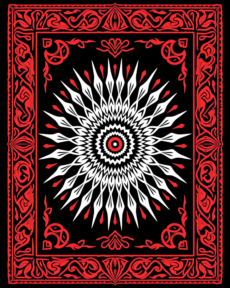 Intricate Red Black Sunburst Medallion Rug