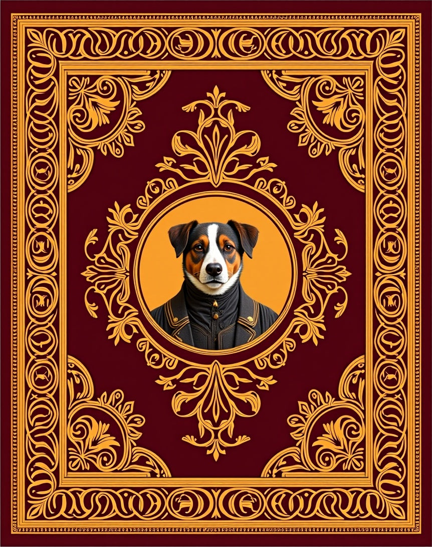Regal Dog Portrait Burgundy Ornate Rug