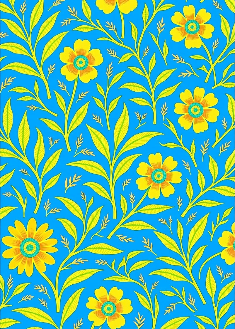 Symmetrical Yellow Floral Vine Cobalt Rug
