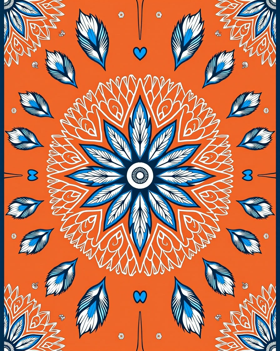 Vibrant Orange Blue Feather Mandala Rug
