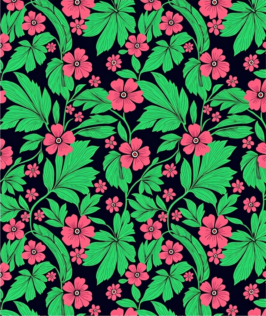 Crimson Floral Green Leaf Outline Rug