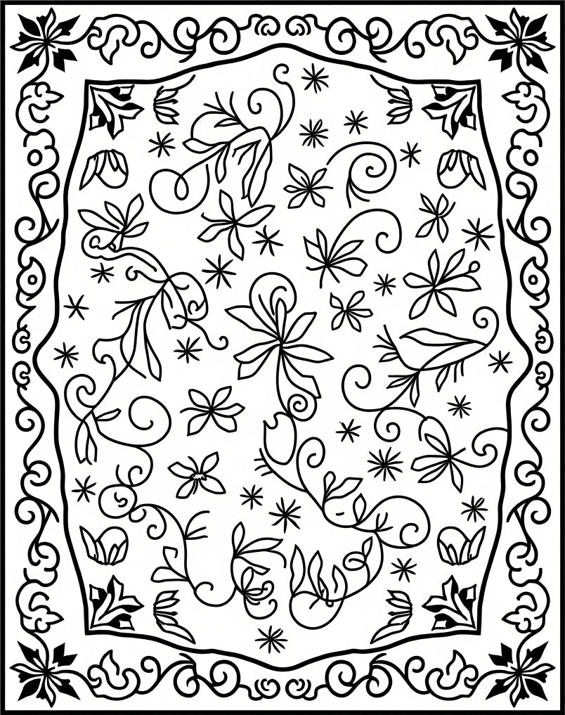 Black White Botanical Scrollwork Floral Rug
