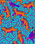 Playful Orange Tigers Purple Birds Aqua Rug