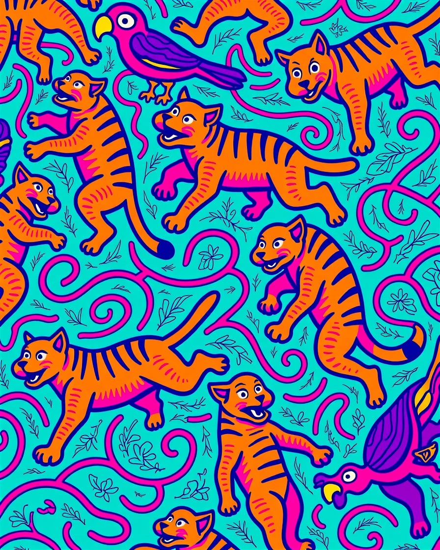 Playful Orange Tigers Purple Birds Aqua Rug