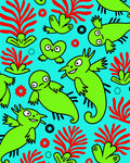Whimsical Green Creatures Red Coral Rug