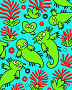 Whimsical Green Creatures Red Coral Rug