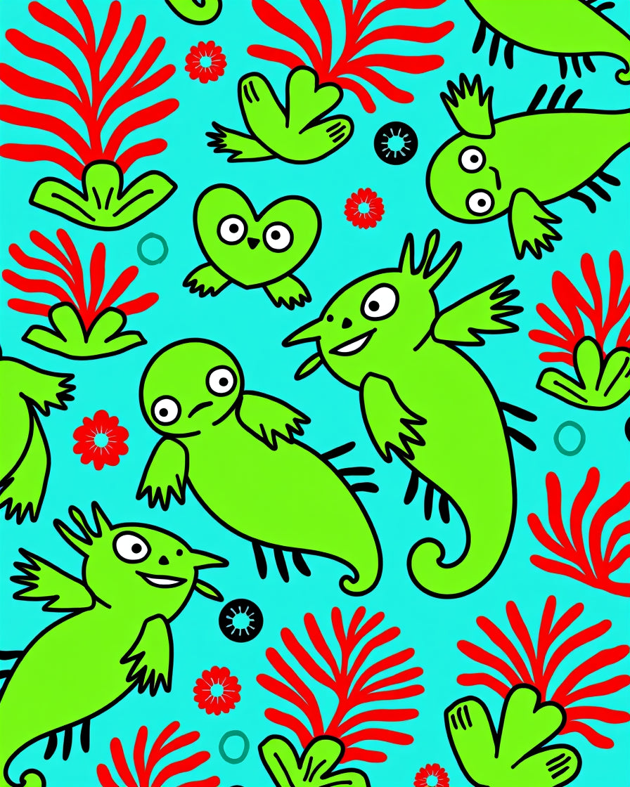 Whimsical Green Creatures Red Coral Rug