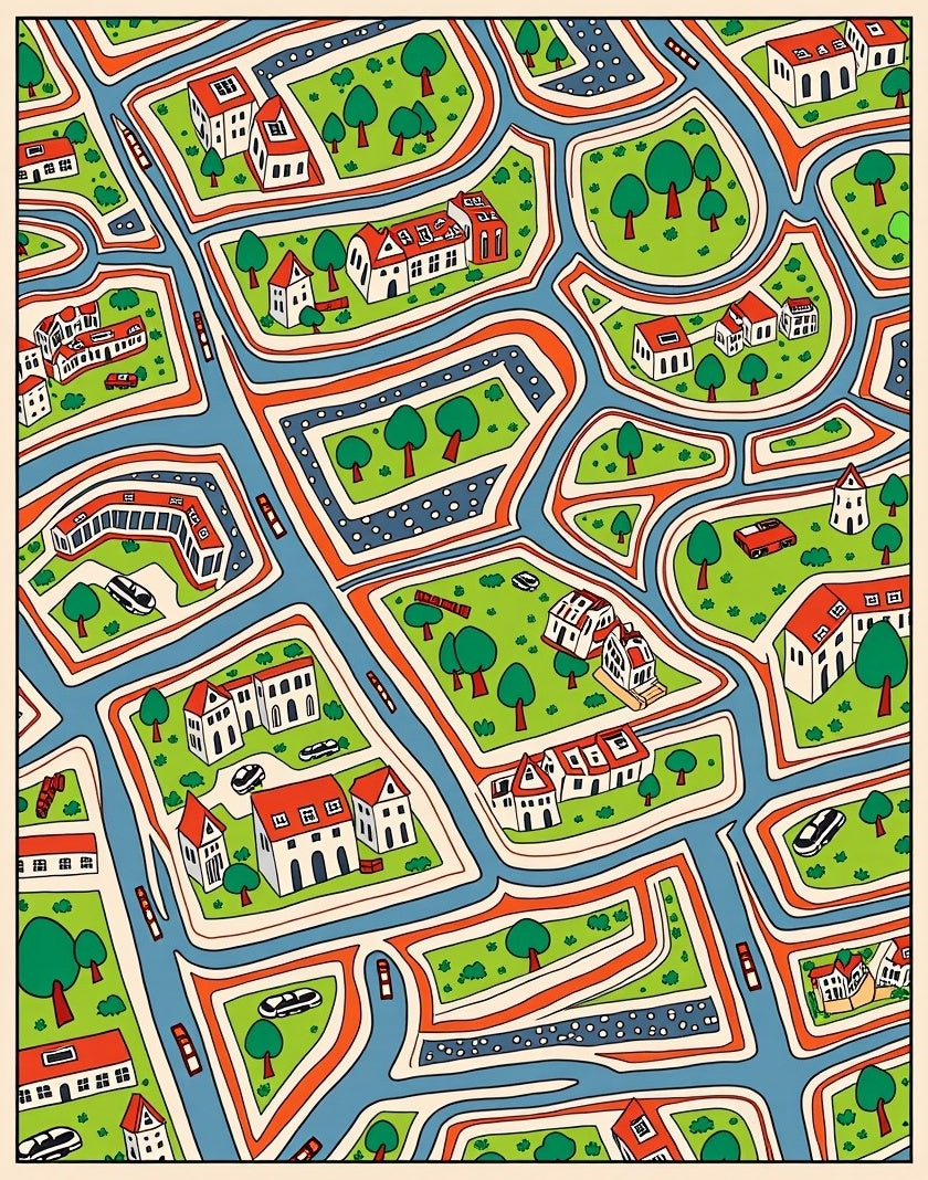 Whimsical City Map Houses Trees Rug