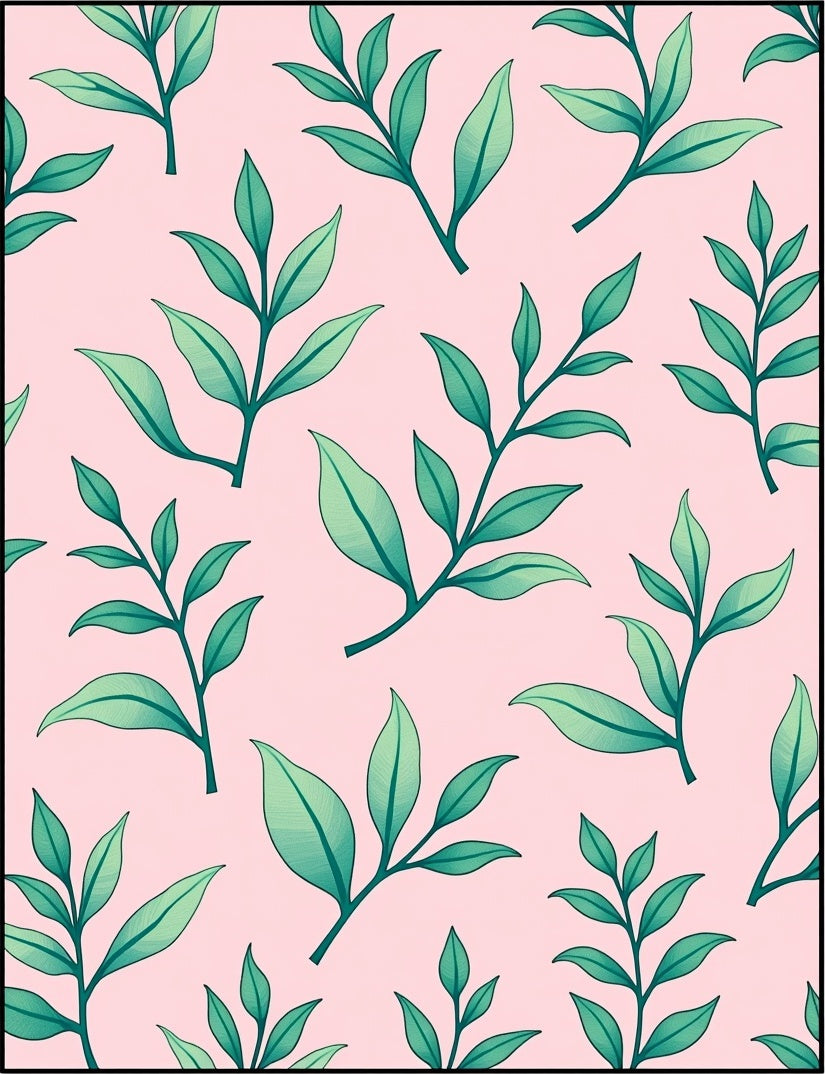 Pink and Green Botanical Leaf Arrangement Rug