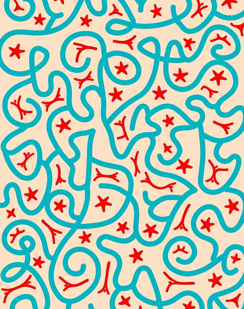 Whimsical Red Star Turquoise Swirl Rug