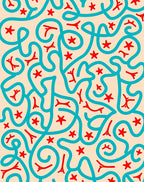 Whimsical Red Star Turquoise Swirl Rug