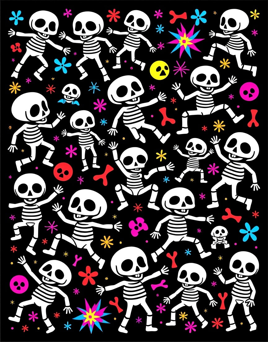 Playful Skeleton Celebration Black Background Rug