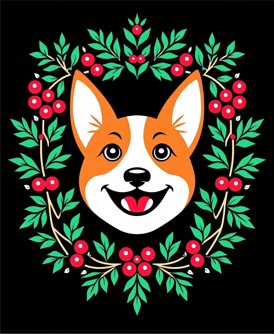 Happy Corgi Festive Berry Wreath Rug