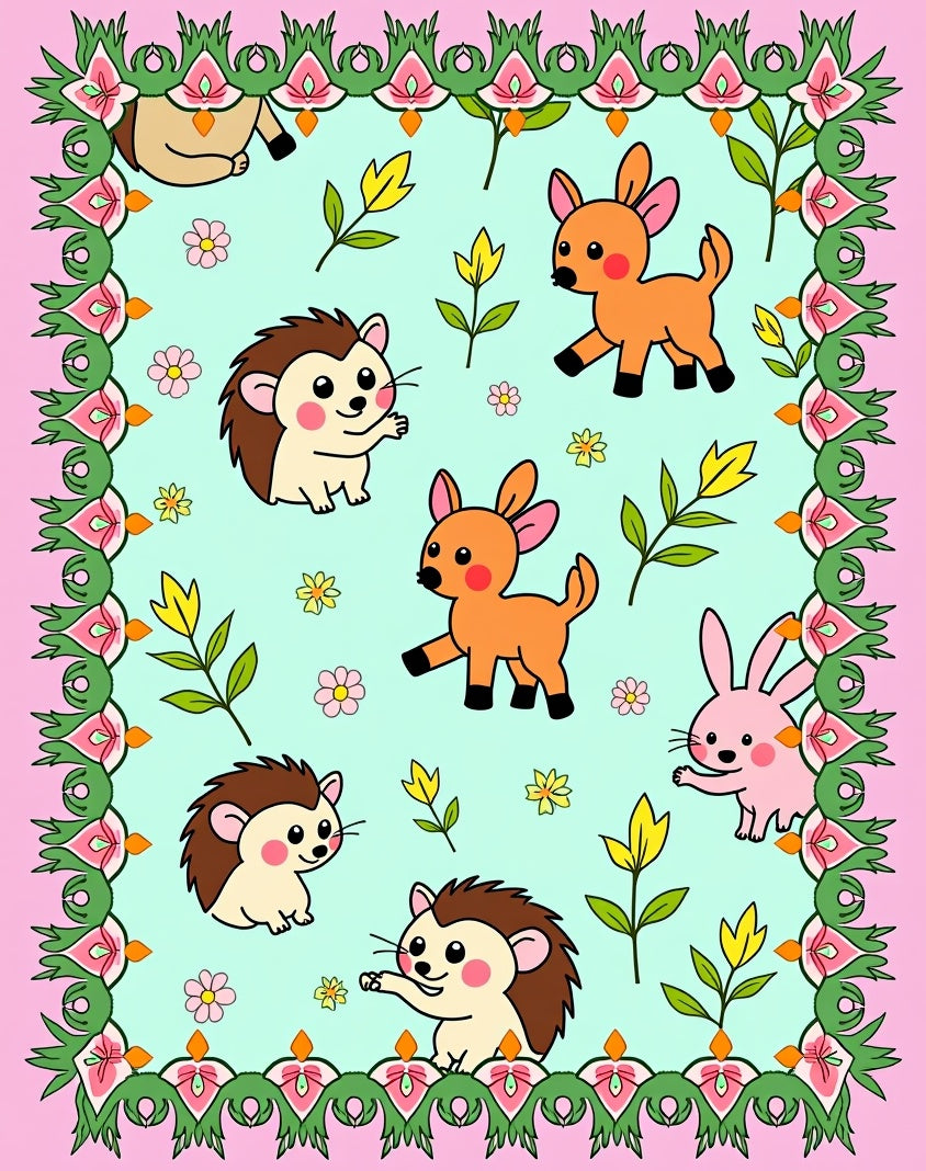 Whimsical Woodland Creatures Floral Border Rug