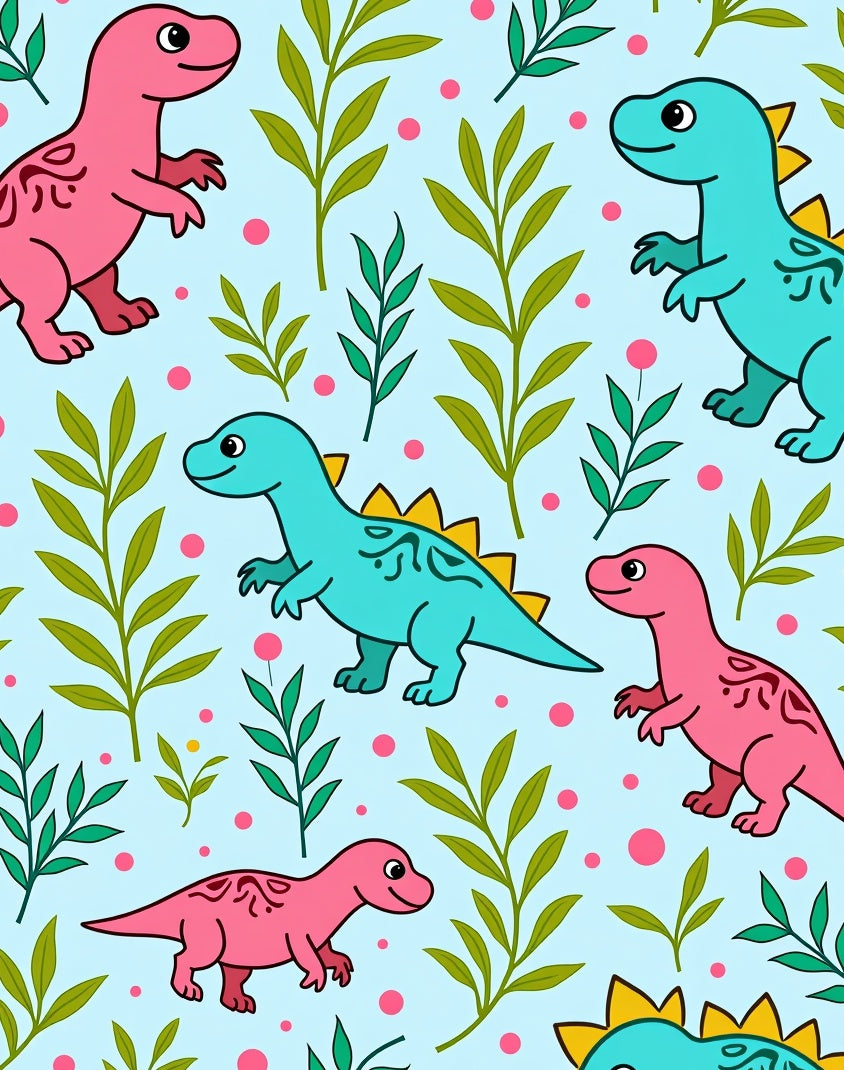 Cute Pink Teal Dinosaur Foliage Roundels Rug