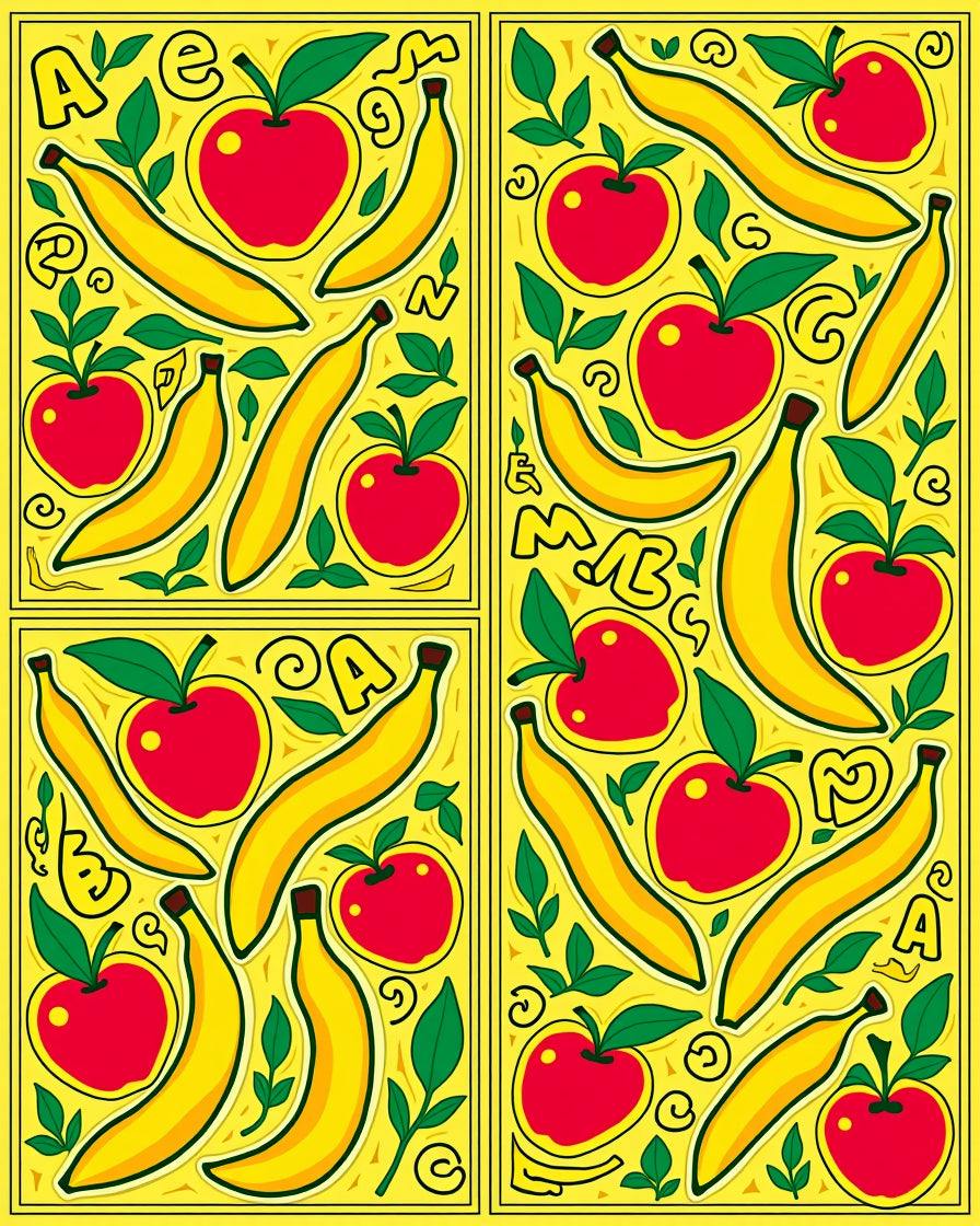 Bright Yellow Apples Bananas Floral Swirls Rug