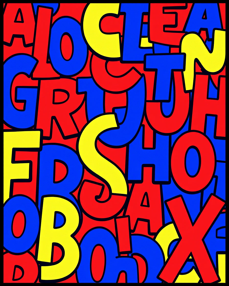 Bold Alphabet Collage Red Blue Yellow Rug