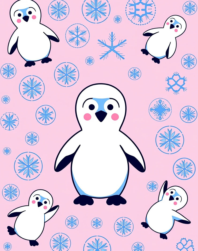 Playful Pink Penguin Snowflake Sprinkle Rug