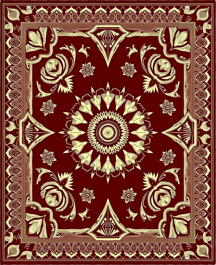Crimson Ochre Floral Corner Medallion Rug