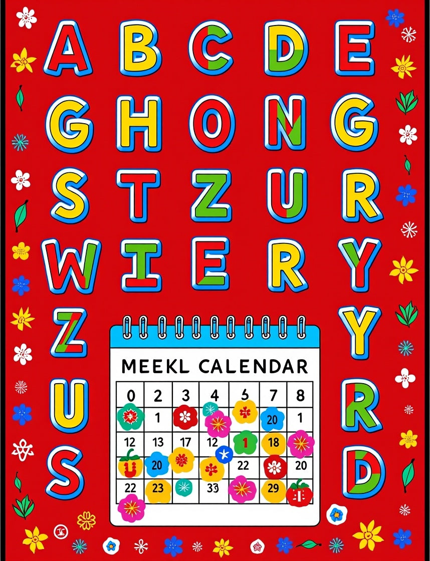 Alphabet Calendar Floral Accent Red Rug