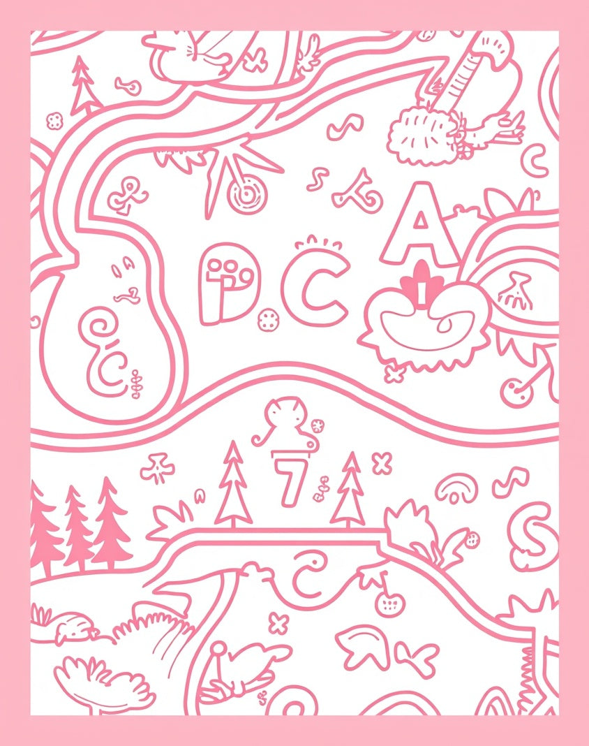 Whimsical Pink Cartoon Landscape Alphabet Rug