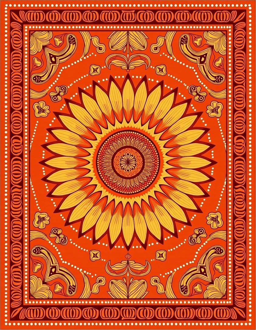 Warm Orange Sunflower Medallion Border Rug