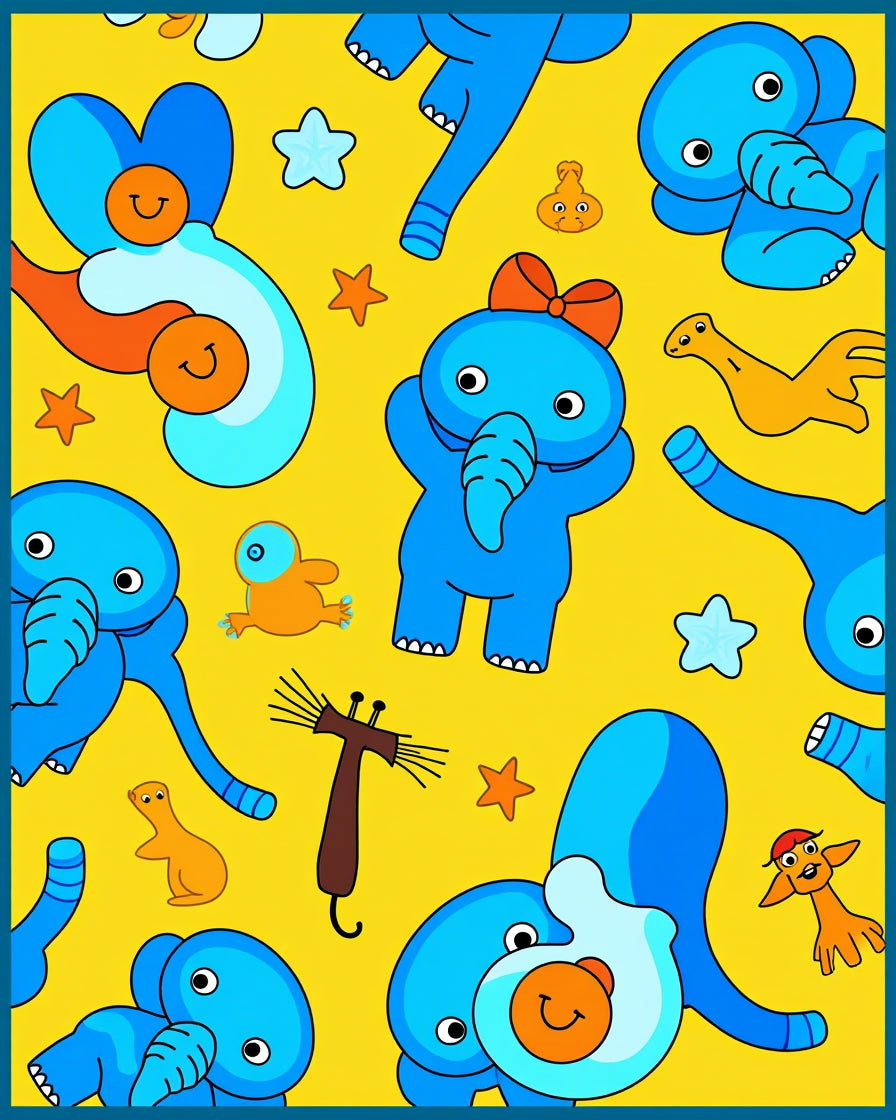 Playful Blue Elephants Yellow Whimsical Scene Rug