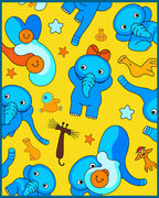Playful Blue Elephants Yellow Whimsical Scene Rug